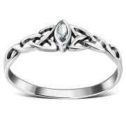 Thin Celtic Knot Silver Ring, set w Blue Topaz CZ, r494