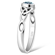 Thin Celtic Knot Silver Ring, set w Blue Topaz CZ, r494