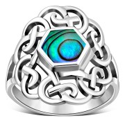 Round Abalone Celtic Knot Silver Ring, r536