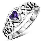 Celtic Knot Amethyst CZ Heart Silver Ring, r537