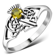 Celtic Knot Thistle Citrine Stone Silver Ring, r541