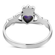 Amethyst CZ Irish Claddagh Silver Ring
