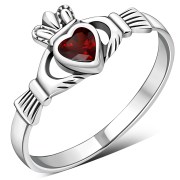 Garnet CZ Irish Claddagh Silver Ring, r546