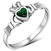 Green CZ Irish Claddagh Silver Ring, r546
