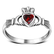 Garnet CZ Irish Claddagh Silver Ring, r546