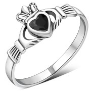Faceted Black Onyx Claddagh Silver Ring, r546