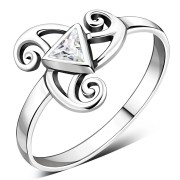 Clear CZ Triskele Triple Spiral Silver Ring, r551