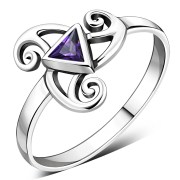 Amethyst CZ Triskele Triple Spiral Silver Ring, r551