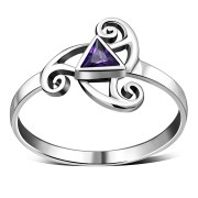 Amethyst CZ Triskele Triple Spiral Silver Ring, r551