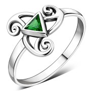 Emerald Green CZ Triskele Triple Spiral Silver Ring, r551