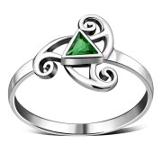 Emerald Green CZ Triskele Triple Spiral Silver Ring, r551