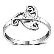 Clear CZ Triskele Triple Spiral Silver Ring, r551