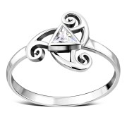 Clear CZ Triskele Triple Spiral Silver Ring, r551