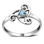 Blue Topaz CZ Triskele Triple Spiral Silver Ring, r551