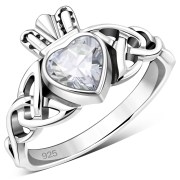 Celtic Trinity Knot Clear CZ Claddagh Silver Ring, r554