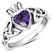 Celtic Trinity Knot Amethyst CZ Claddagh Silver Ring, r554
