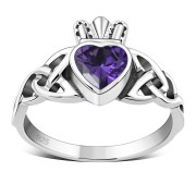 Celtic Trinity Knot Amethyst CZ Claddagh Silver Ring, r554