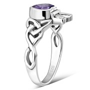 Celtic Trinity Knot Amethyst CZ Claddagh Silver Ring, r554