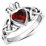 Garnet CZ Celtic Trinity Knot Claddagh Silver Ring, r554