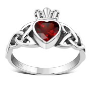 Garnet CZ Celtic Trinity Knot Claddagh Silver Ring, r554