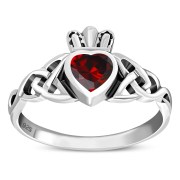 Garnet CZ Celtic Trinity Knot Claddagh Silver Ring, r554