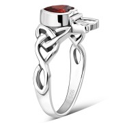Garnet CZ Celtic Trinity Knot Claddagh Silver Ring, r554