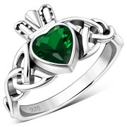 Green CZ Celtic Trinity Knot Claddagh Silver Ring, r554