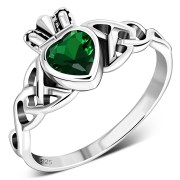 Green CZ Celtic Trinity Knot Claddagh Silver Ring, r554