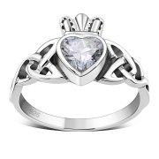 Celtic Trinity Knot Clear CZ Claddagh Silver Ring, r554