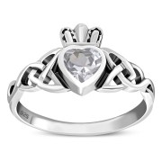 Celtic Trinity Knot Clear CZ Claddagh Silver Ring, r554