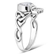 Celtic Trinity Knot Clear CZ Claddagh Silver Ring, r554