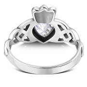 Celtic Trinity Knot Clear CZ Claddagh Silver Ring, r554
