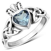 Celtic Trinity Knot Blue Topaz CZ Claddagh Silver Ring, r554