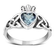 Celtic Trinity Knot Blue Topaz CZ Claddagh Silver Ring, r554