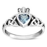 Celtic Trinity Knot Blue Topaz CZ Claddagh Silver Ring, r554