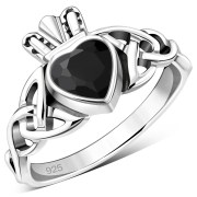 Faceted Black Onyx Trinity Knot Claddagh Silver Ring