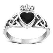 Faceted Black Onyx Trinity Knot Claddagh Silver Ring
