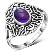 Amethyst Genuine Stone Cab Celtic Trinity Knot Silver Ring, r558