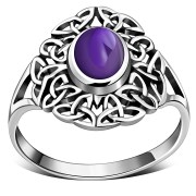 Amethyst Genuine Stone Cab Celtic Trinity Knot Silver Ring, r558