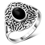 Black Onyx Celtic Trinity Knot Silver Ring, r558