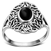 Black Onyx Celtic Trinity Knot Silver Ring, r558