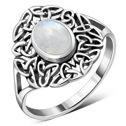 Rainbow Moonstone Celtic Trinity Knot Silver Ring, r558