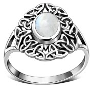 Rainbow Moonstone Celtic Trinity Knot Silver Ring, r558