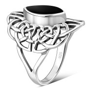 Light Large Black Onyx Celtic Silver Ring, r561