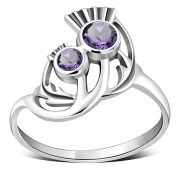 Amethyst Genuine Stone Thistle Silver Ring, r580