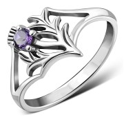 Delicate Amethyst Stone Silver Thistle Ring, r584