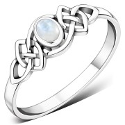 Rainbow Moonstone Cab Celtic Knot Silver Ring, r587
