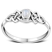 Rainbow Moonstone Cab Celtic Knot Silver Ring, r587
