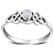 Rainbow Moonstone Cab Celtic Knot Silver Ring, r587