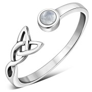 Rainbow Moonstone Trinity Knot Sterling Silver Open Ring, r588